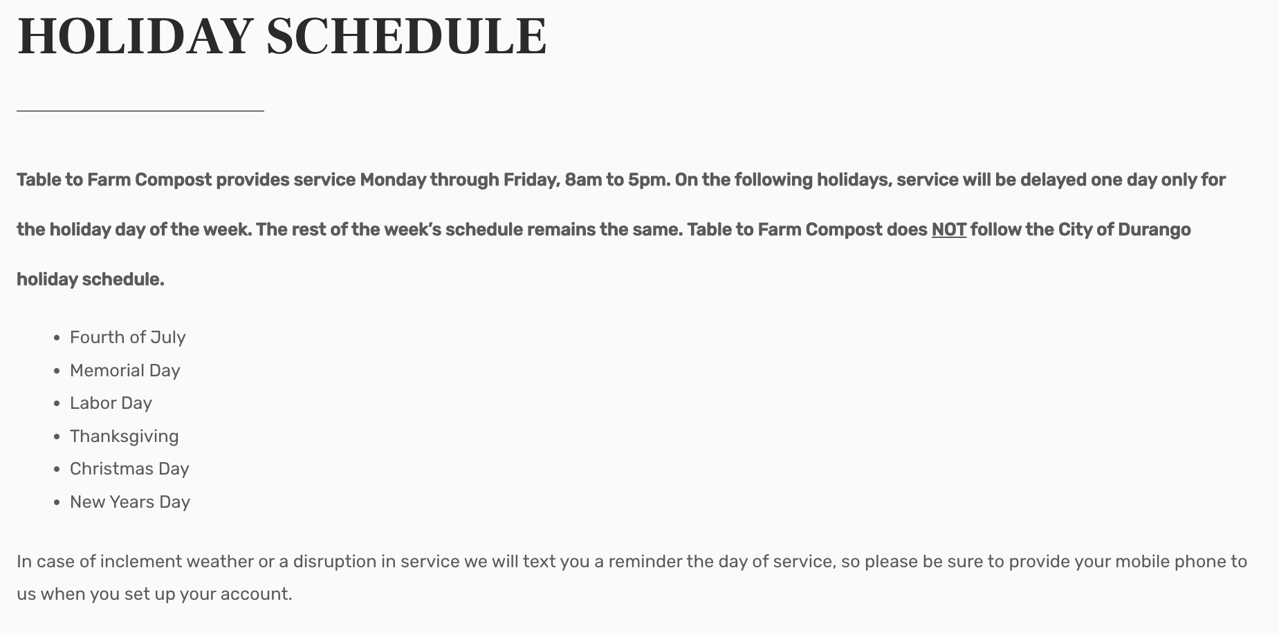 holiday schedule